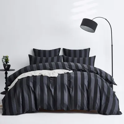 Immagine prodotto di Biancheria da letto 155x220 cm, cotone, grigio scuro, a righe, set da 3 pezzi con 2 federe 80x80 cm