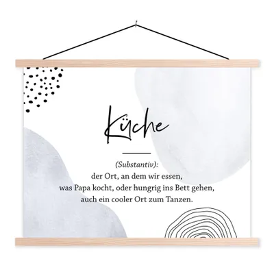 Produktbild von MuchoWow® Textilposter Sprichwörter - Küche - Wörterbuch - Zitate - Definition Küche 120x90 cm mit holzfarbenen Rahmen - Magnetisch