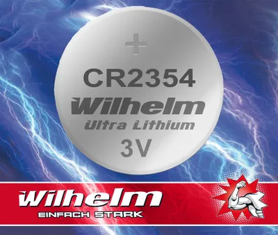 A close-up of a CR2354 lithium coin cell battery with the brand name 'Wilhelm' and 'Ultra Lithium 3V' printed on it. The background features a dynamic blue lightning effect. Below the battery is a red banner with the brand name 'wilhelm' and the slogan 'EI