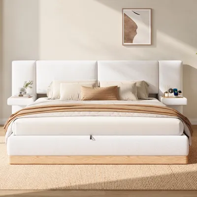 Productafbeelding van Flieks gestoffeerd bed 180x200 cm met hoofdeinde en opbergruimte, dagbed met USB-aansluiting, tweepersoonsbed met opbergruimte, bekleed met teddyfleece + Polyurethan+ MDF, kleur: wit + naturel