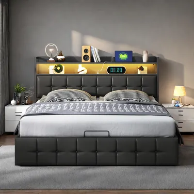Obrázok produktu pre Multifunkčná posteľ 140x200 cm v čiernejPolyuretánkoži s RGB LED, hydraulickým boxom, integrovanými zásuvkami a európskou nabíjačkou