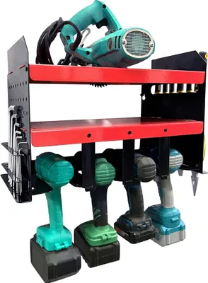 Produktbild von TWOLIIN Werkzeugspeicher Aufbewahrung mit 4 Schlitzen Elektrowerkzeug Organizer Metall Werkzeughalter Elektrisch Bohrerregal Organisation für Garage Werkstatt 430x225x305mm Schwarz+Rot
