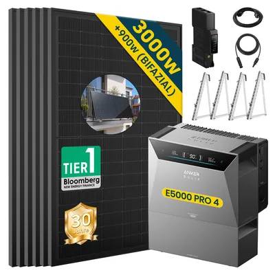 Produktbild von ALLDREI Balkonkraftwerke mit Speicher Anker Solix Solarbank 4 E5000 Pro & BP2700x1,Komplettset mit 6x500W Bifazialer Solarpanel & Smart Meter Gen 2