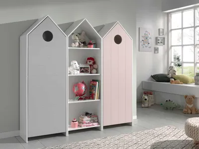 Image de CASAMI Set 3 pcs. composé de : Armoire à 1 porte avec façade en rose, armoire à étagères, armoire à 1 porte avec façade en gris