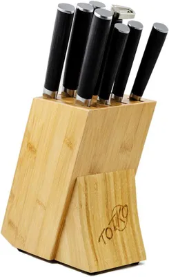 Imagen del producto de Completo Juego De 7 Cuchillos Profesionales + Afiador De Acero Inoxidable Con Base De Bambú