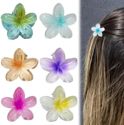 Produktbild von Blumen-Haarklammern, 6 Stück, 4cm, elegante Blumen-Haarspangen aus rutschfestem Acryl für dickes und dünnes Haar, tropische Strand-Haarclips für Frauen und Mädchen