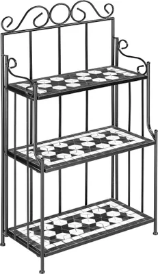 A three-tiered metal plant stand with mosaic tile shelves.