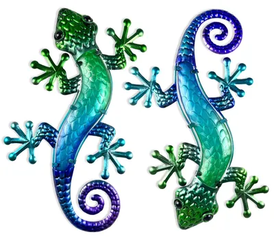 Produktbild von Metallene Gecko-Wanddekoration, 38 cm, Eidechsen-Gartenskulptur für den Außenbereich, 2 Stück