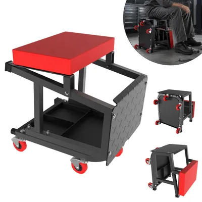 Zdjęcie produktu dla XMTECH Krzesło dla mechaników 2 w 1, z kółkami, z podnóżkiem, obrotowe, z 2 półkami na narzędzia