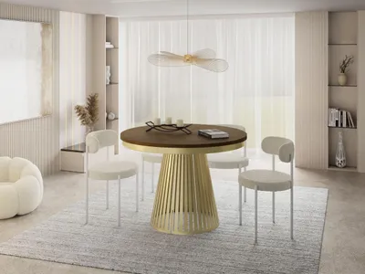 Produktbild von Esstisch Rund Ausziehbar mit Lamellen im Loft-Stil – 100 bis 180 cm – Industrieller Tisch mit Metallbeinen in Gold, Platzsparend für Wohnzimmer oder Esszimmer – Eiche Braun Rustikal