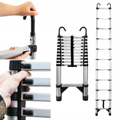 Produktbild von Baulich | Teleskopleiter - 13 Stufen - 4,9 m Arbeitshöhe - Stahlleiter - Klappbar - Höhenverstellbar mit Haken - Rutschfest - Max. Traglast 125 Kg