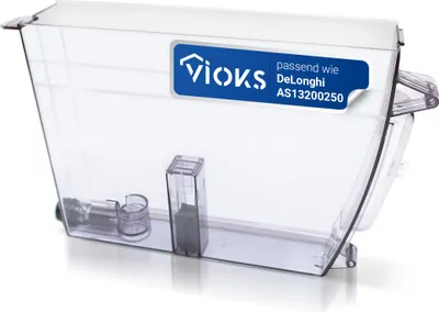 A transparent plastic water tank for a coffee machine, with a blue sticker showing the brand name and compatibility information.