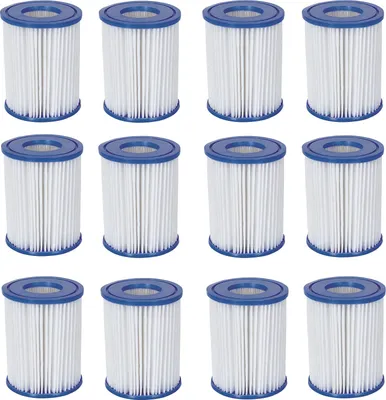 A grid of twelve identical white pool filter cartridges with blue tops, arranged in four rows of three.