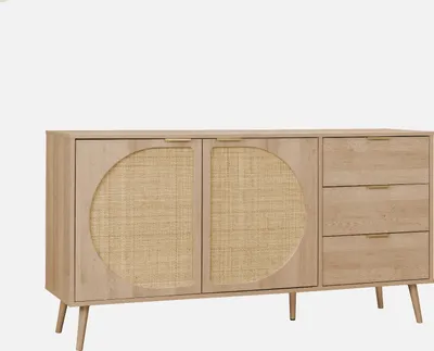 A wooden sideboard with rattan woven doors and drawers, presented against a white background.
