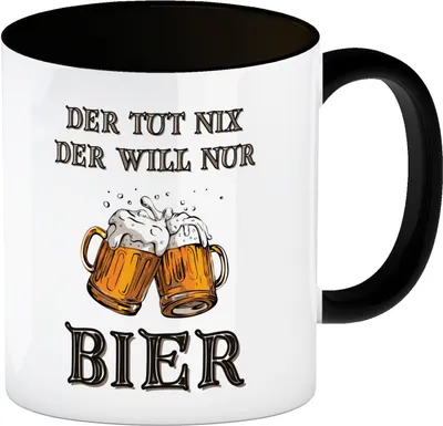 Produktbild von Bier Kaffeebecher in schwarz mit Spruch Der tut nix der will nur Bier