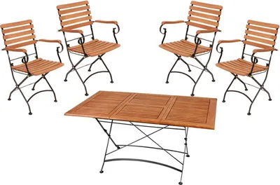 A wooden table and four chairs set on a white background.