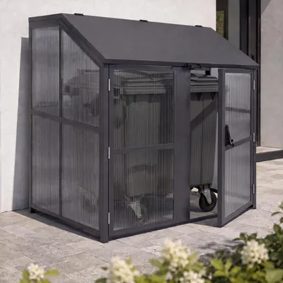 Immagine prodotto di Rivestimento per cassonetti HWC-R20, struttura per cassonetti per contenitori di rifiuti fino a 1100 litri, acciaio e policarbonato, dimensioni 160x160x136 cm