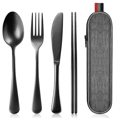 Immagine prodotto di Posate da campeggio in acciaio inox - Set da viaggio 5 pezzi - Nero con custodia