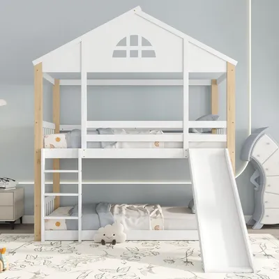 A white and wood bunk bed with a slide and ladder in a child's bedroom.