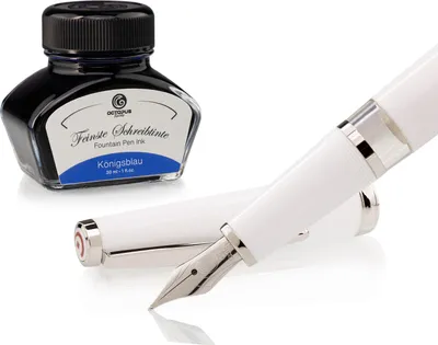 Produktbild von Füllhalter Set Cleo Skribent Classic Palladium Weiß, Kolben-Füllhalter und 30 ml Tinte Blau