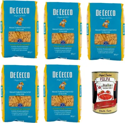 Produktbild von De Cecco Mezzi Tubetti Lisci N°63, 100% Italienisch Pasta Nudeln 5x 500g + Italian Gourmet Polpa 400g