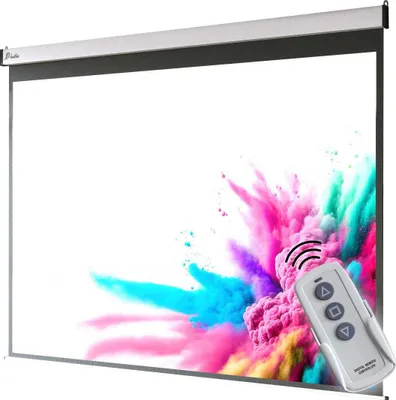 A motorized projector screen with a remote control, displaying a colorful abstract explosion of powder.