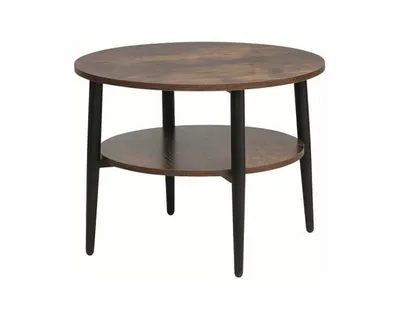 A round, two-tiered coffee table with a wood-grain top and black legs, presented against a white background.