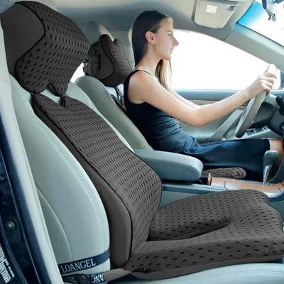 Produktbild von Orthopädisches Sitzkissen mit Lendenwirbelstütze und Kopfstütze, ergonomisches Memory-Schaum-Stuhlkissen zur Linderung von Ischias, Hämorrhoiden und Rückenschmerzen, geeignet für Autositze, Bürostühle und Rollstühle (dunkelgrau).