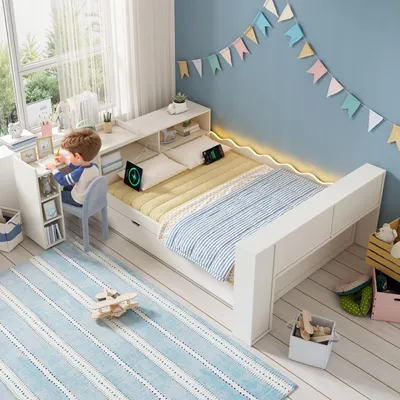 Immagine prodotto di Letto contenitore 140 x 200 cm con letto aggiuntivo 90 x 190 cm, illuminazione a LED, prese di corrente e scrivania estraibile, colore bianco