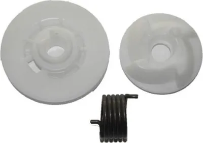 Three parts of a chainsaw engine starter mechanism are laid out on a white background.