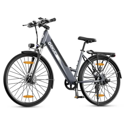 A studio shot of a gray electric bicycle against a white background.