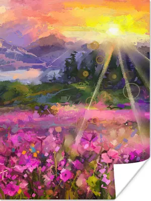 Produktbild von MuchoWow® Poster Gemälde - Ölfarbe - Blumen - Natur - Sonne 90x120 cm - Wohnzimmer