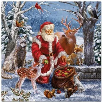 Zdjęcie produktu dla 20 serwetek Santa's Gifts - Mikołaj karmiący zwierzęta w lesie 33x33cm