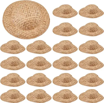 Produktbild von 40 Stück Miniatur Strohhüte in Dunkelgoldrute, gestrickt für Puppenhäuser, Cowboy-Sombrero-Dekoration für Bastelarbeiten - Weihnachten - Kostümparty - Ornament - Schmuck