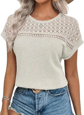 Productafbeelding van Chicrise damesblouse, korte mouwen, gebreide kant, top met ronde hals, losvallende top, ivoorwit