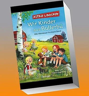 A book cover illustration featuring children playing in a rural setting with red houses and a birch tree.