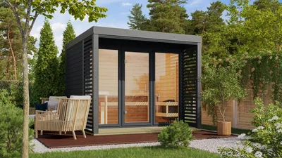 Produktbild von Karibu Saunahaus Außensauna Gartensauna ARES 3 anthrazit lackiert Ofen 9kW externe Strg easy 38mm Wände 277x276x232 cm Metallfarbe: graualuminium