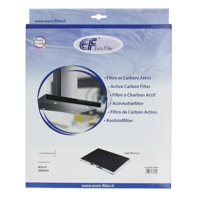 The image shows the packaging of a Euro Filter activated carbon filter for a range hood.