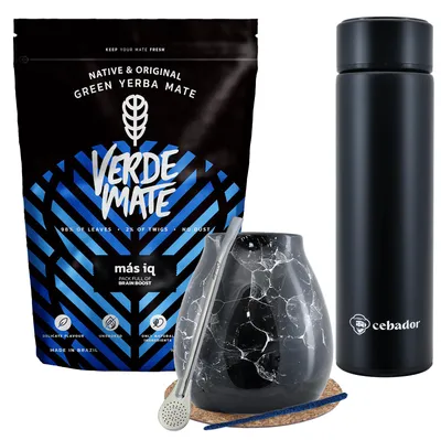 Produktbild von Verde Mate - Mate Tee Set Mas IQ 500g - Dicke Blätter 5mm - LED Thermoskanne 480ml - Mate Becher Keramik Marmol Black 300ml - Bombilla