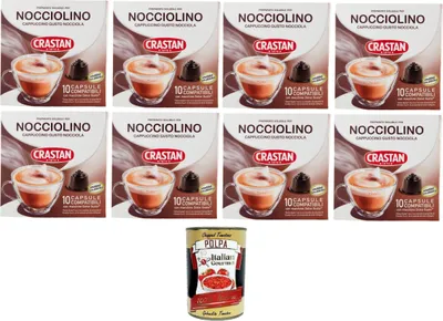Produktbild von CRASTAN 1870, Nocciolino, 10 Kapseln, 8 Schachteln mit 10 Kapseln Getränk mit Haselnussgeschmack, Kapseln kompatibel zum Süßen nach Belieben,+ Italian Gourmet polpa 400g