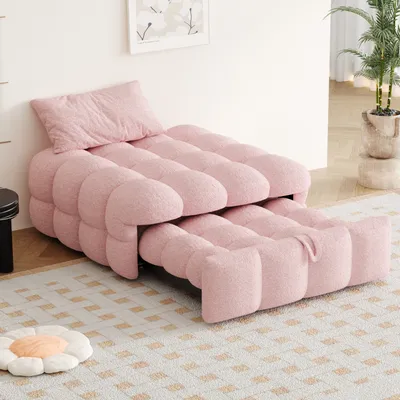 Zdjęcie produktu dla Rozkładana sofa Flieks, podnóżek tapicerowany z pluszowym aksamitnym pokrowcem, rozkładana sofa, różowa