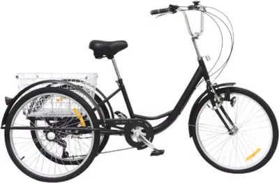 Zdjęcie produktu dla Rower trójkołowy dla dorosłych 24 cale - 6 biegów - Składany rower trójkołowy z tylnym koszem i hamulcem V-brake - Czarny
