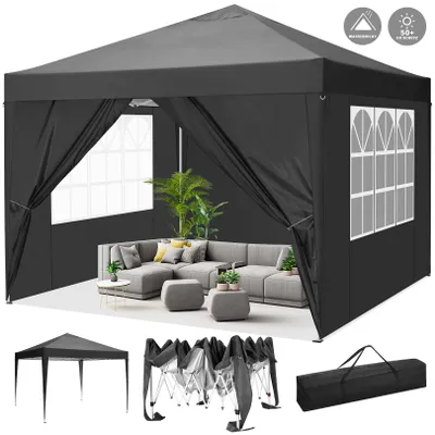A black pop-up gazebo set up with furniture inside, and smaller images of the gazebo in different states below.