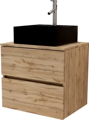 Image de Meuble Salle de Bains 80cm 2 Tiroirs Chêne Naturel + Vasque Carrée 41x41x15cm en Céramique Noire