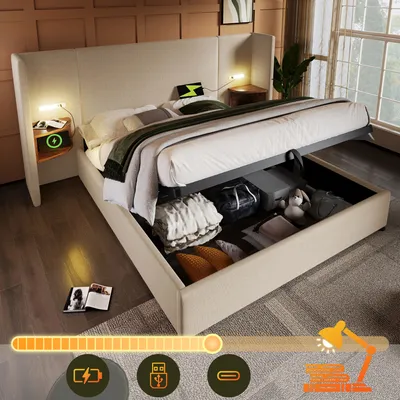 Produktbild von MODFU Polsterbett Hydraulisches Stauraumbett Doppelbett160×200 mit Nachttisch, Leselampe und USB Type-C Ladefunktion, Bettanlage Stauraumbett Bettgestell mit Lattenrost aus Massivholz und Metall, Beige, Leinen Ohne Matratze