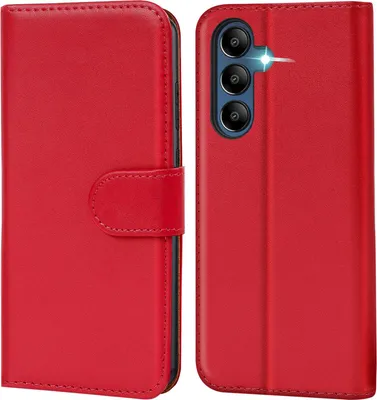 A red flip case for a smartphone is shown, with the phone inside on the right side.