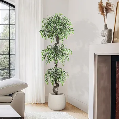 Image de 180cm Ficus plante artificielle tronc d'arbre courbé Ficus arbre artificiel avec pot blanc Arbres artificiels pour l'intérieur, salon, chambre, bureau