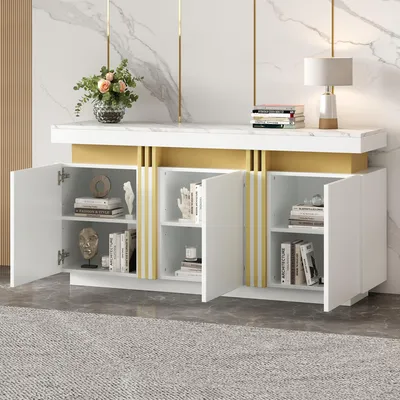 Immagine prodotto di MODFU Armadio da cucina senza maniglie a 3 ante, mobile da pranzo con ripiani regolabili, con cucitura in platino, per cucina, soggiorno, sala da pranzo, bianco