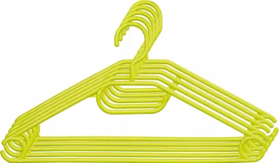 A stack of yellow plastic hangers against a white background.