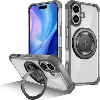 Immagine prodotto di Custodia per iPhone 17 supporto ad anello magnetico, supporto, compatibile con MagSafe, protezione militare, custodia trasparente nera